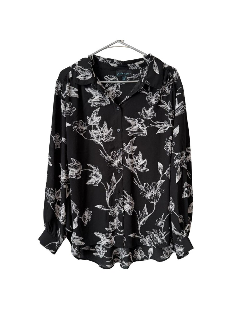 Black & White Floral Button-Up Long Sleeve Blouse By Faith & Zoe Womens Size 2X
